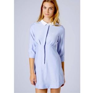 Topshop Fitted Chambray Baby Blue Shirt Dress with White Collar and Pockets.